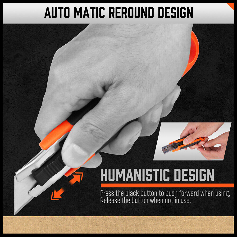 Set of four retractable box cutters with grip handles and 10 additional spare blades, ideal for cutting cardboard, paper, PVC, and crafts