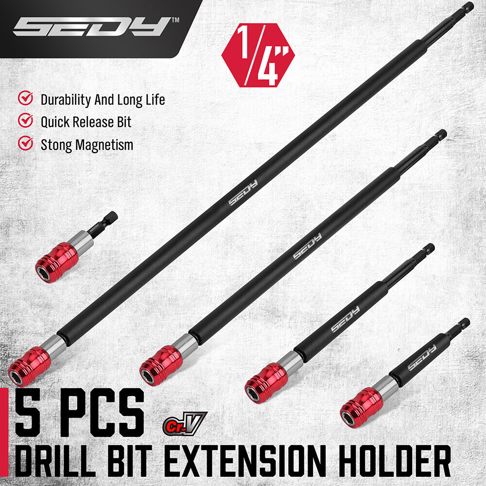 Set of 5 SEDY magnetic drill bit extensions in various lengths, with 1/4" hex shank, red quick release, and strong magnetism for secure bit hold.