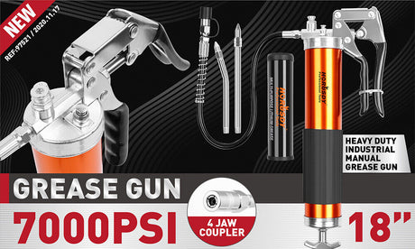 Durable 7000PSI Grease Gun Kit - Features Solid Steel Barrel, Rubber Sleeve, 18" Flex Hose, and 14.1 oz Cartridge for Efficient Lubrication