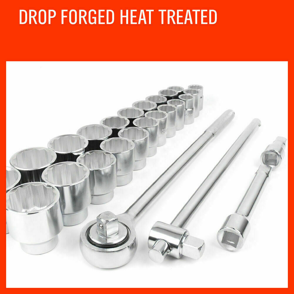  Comprehensive 27-piece heavy-duty socket and wrench set with 3/4" drive in both metric and imperial sizes, including ratchet, sliding T-bar, and extension bars in a durable steel case.