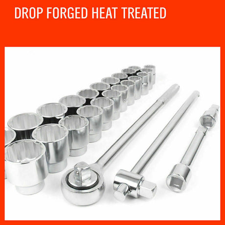  Comprehensive 27-piece heavy-duty socket and wrench set with 3/4" drive in both metric and imperial sizes, including ratchet, sliding T-bar, and extension bars in a durable steel case.