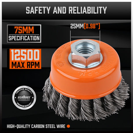Durable 3-inch twist knot steel wire wheel cup brush for removing rust, weld scale, and burrs with M14 fitting.