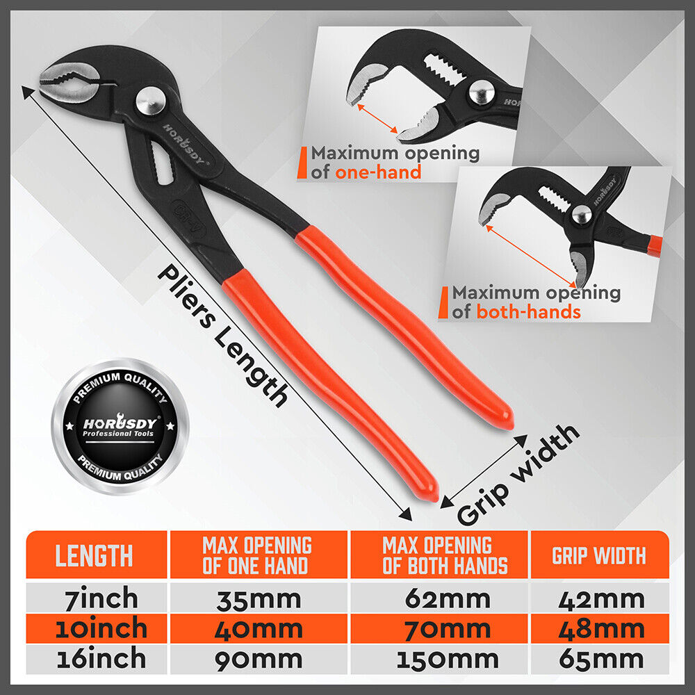 HORUSDY 3-Piece Water Pump Pliers Set with Slip Groove Joints, featuring 7", 10", and 16" Sizes, High-Polish Heads, Dipped Handles, and Storage Bag