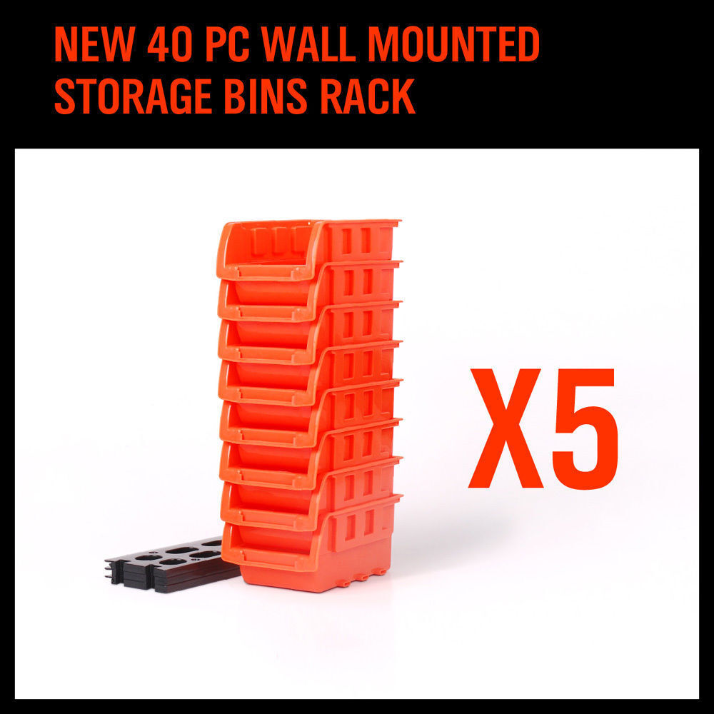 Robust Wall Mounted Bins Rack featuring 8 orange stackable plastic storage trays and 3 plastic racking, ideal for organizing small parts, tools, fishing tackle, and craft supplies. Designed to mount easily on pegboard, slot wall, or wooden studs, offering a versatile and space-saving solution for any workshop, garage, or hobby room