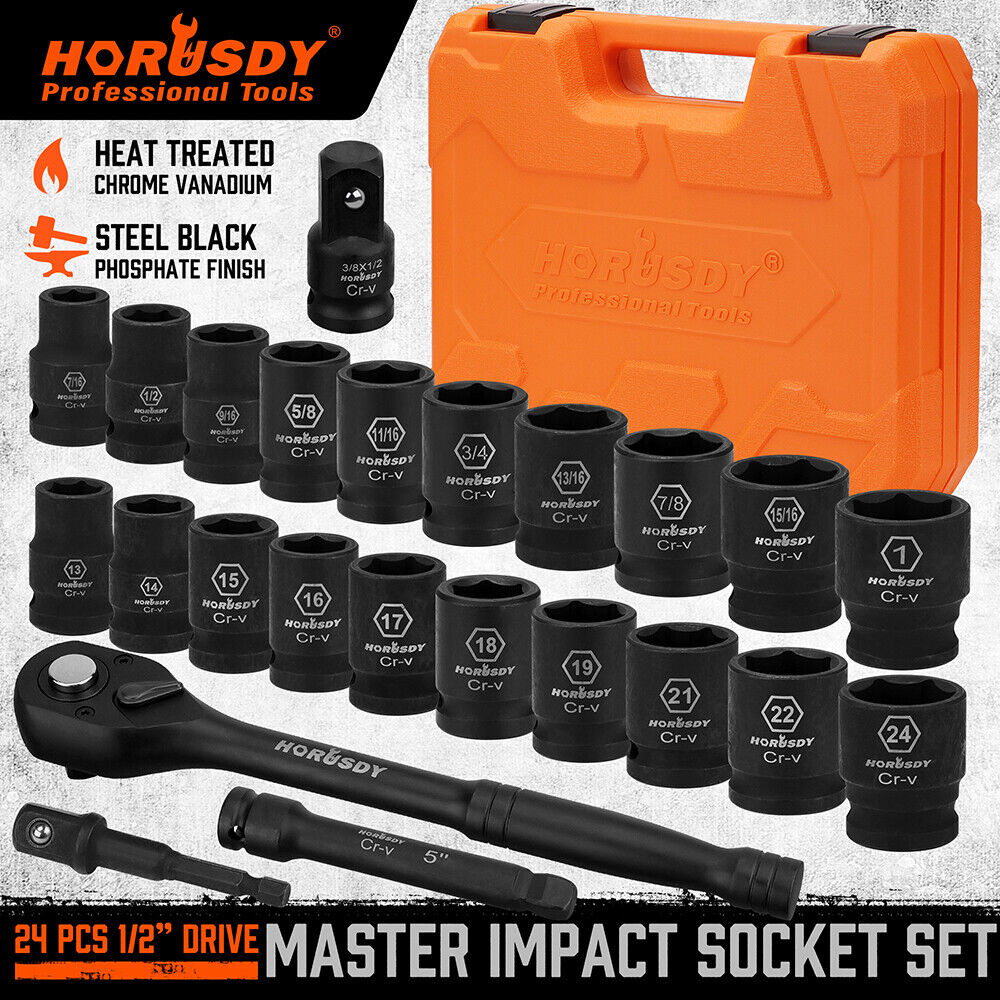 HORUSDY 24-Piece 1/2" Drive Impact Socket Set, Including SAE and Metric Sizes with Ratchet Handle and Extension Bar, Ideal for Diverse Applications