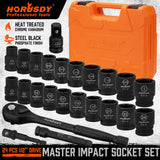 HORUSDY 24-Piece 1/2" Drive Impact Socket Set, Including SAE and Metric Sizes with Ratchet Handle and Extension Bar, Ideal for Diverse Applications