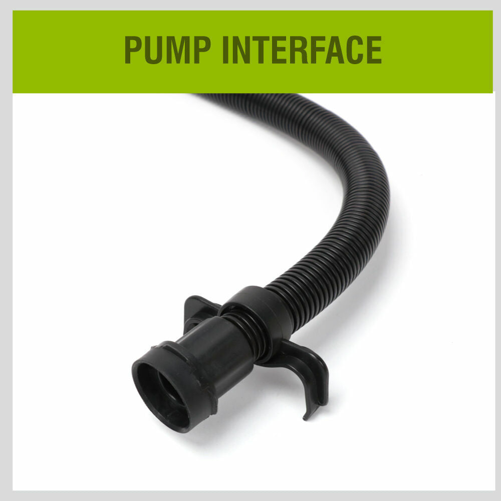 Compact and portable foot air pump with non-kink hose and three nozzles for various valves.