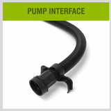 Compact and portable foot air pump with non-kink hose and three nozzles for various valves.