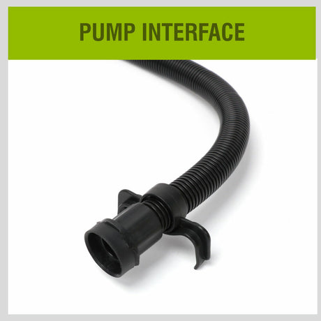 Compact and portable foot air pump with non-kink hose and three nozzles for various valves.