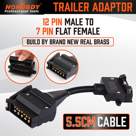 Durable 7 Pin Flat to 12 Pin Flat Trailer Adaptor - Waterproof ABS Caravan Connector in Black