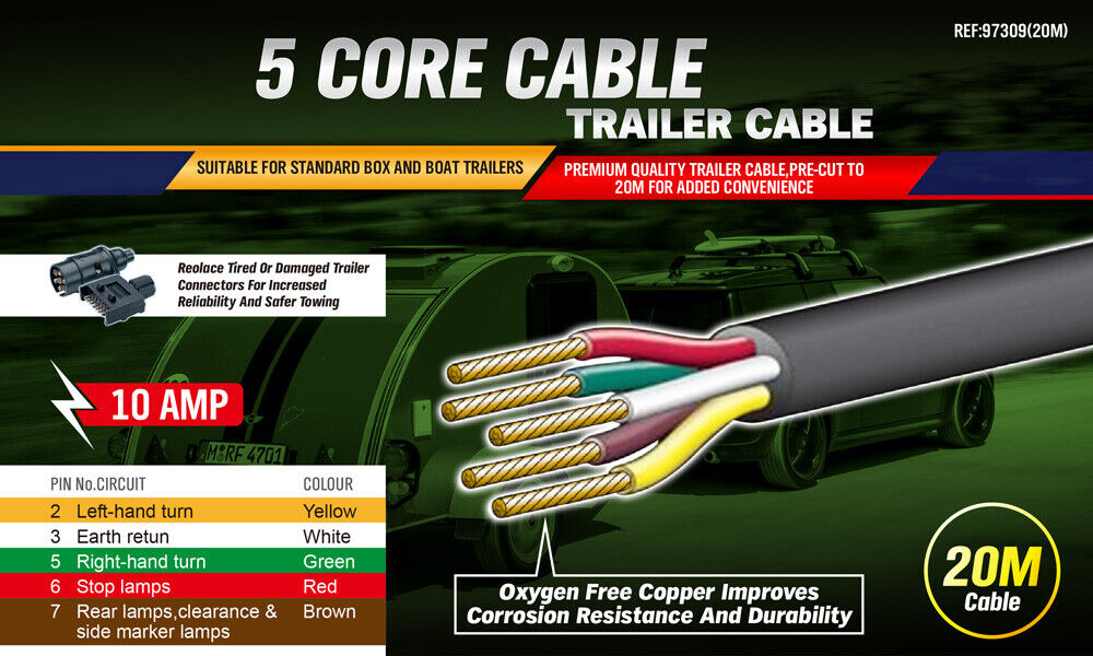 Durable 20M 5 Core Trailer Wire Cable with Oxygen-Free Copper Wire, suited for automotive use in caravans, boats, and trucks.