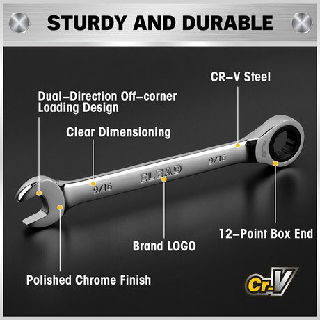 ELEAD 33-piece ratchet wrench set with various SAE and metric sizes, featuring a durable case, Phillips and slotted bits adapter for versatile use.