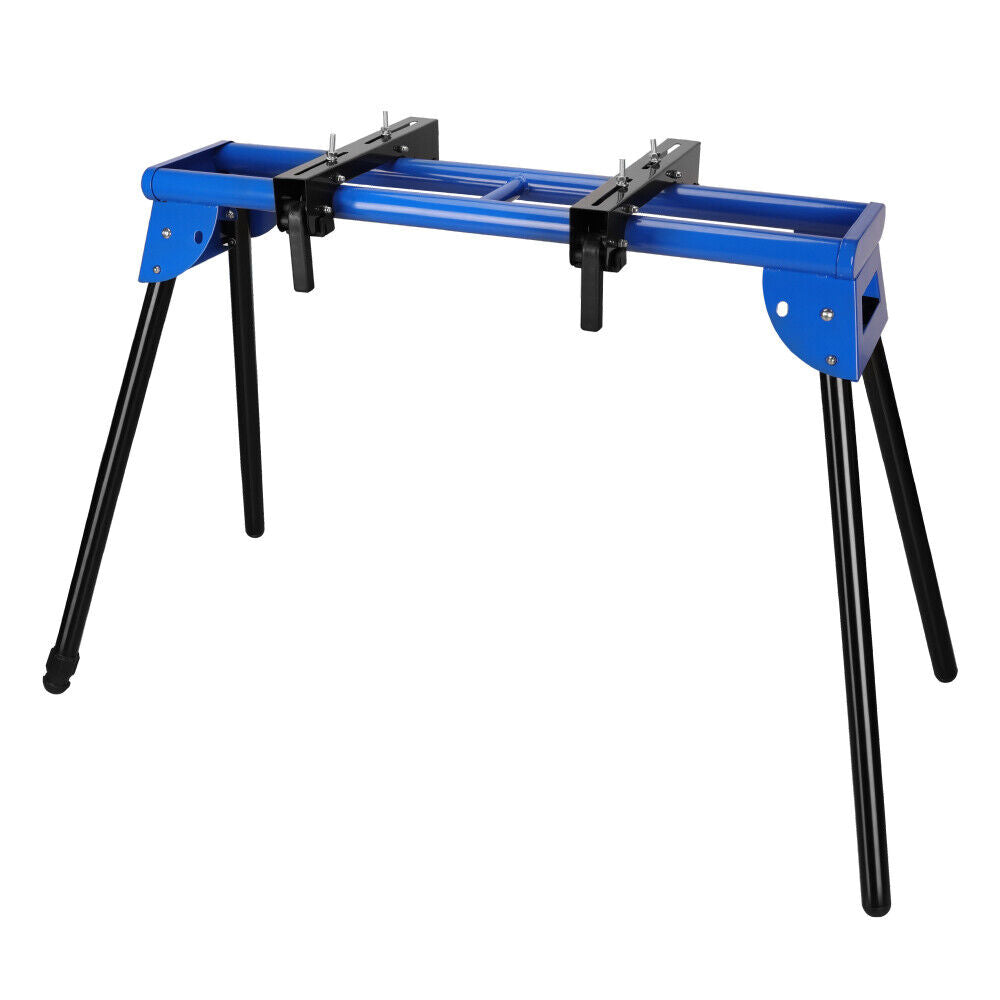 51" blue miter saw stand with durable one-piece mounting brackets and a sliding rail design, supporting up to 300lbs, easy to fold and transport.