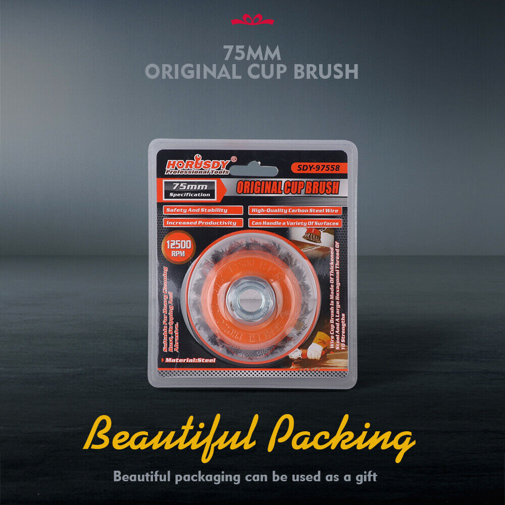 Durable 3-inch twist knot steel wire wheel cup brush for removing rust, weld scale, and burrs with M14 fitting.