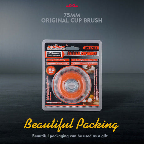 Durable 3-inch twist knot steel wire wheel cup brush for removing rust, weld scale, and burrs with M14 fitting.