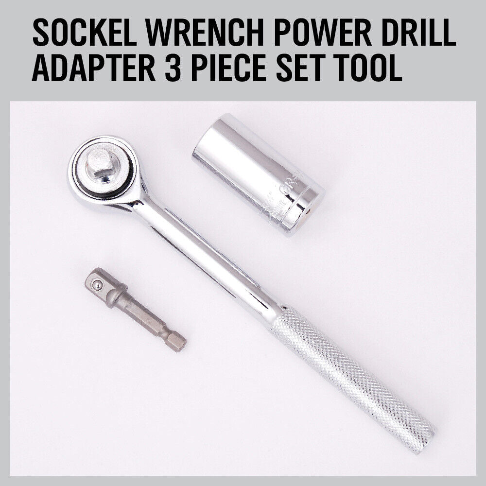 3-Piece Gator Grip Universal Socket Wrench Set with size range 7mm to 19mm, including power drill adapter and wrench, in silver color.