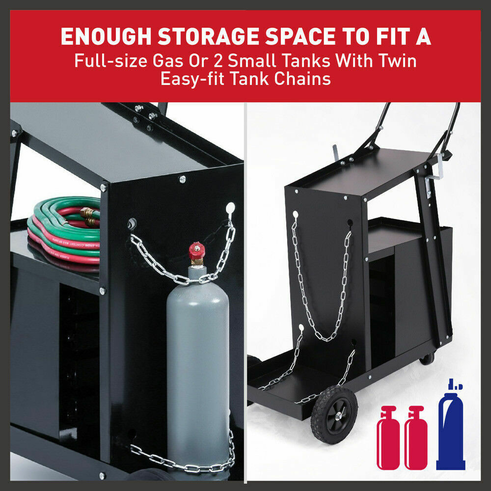 Robust 4-Drawer Welding Trolley Cart, designed for MIG, TIG, ARC, and Plasma machines. Features include a tilted top shelf, 4 drawers for storage, safety chains for gas tanks, durable wheels for mobility, and a total load capacity of 110Lbs