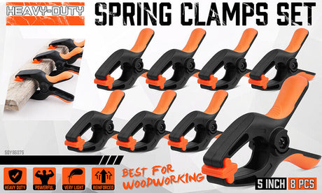 Set of 8 Heavy-Duty 5-Inch HORUSDY Rubber and Nylon Spring Clamps - Ergonomic Non-Slip Grip for Woodworking and DIY Projects