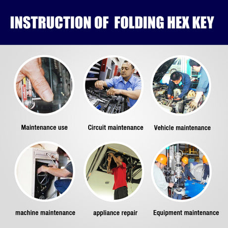 10-piece metric folding hex key set in a pocket-sized aluminum holder. Hardened chrome vanadium steel keys range from H1.5 to H6. For professionals and DIYers.