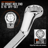 A complete set of 9 metric HORUSDY spanners with 75-degree offset and double box ends, displayed with a mirror finish for durability and precision.