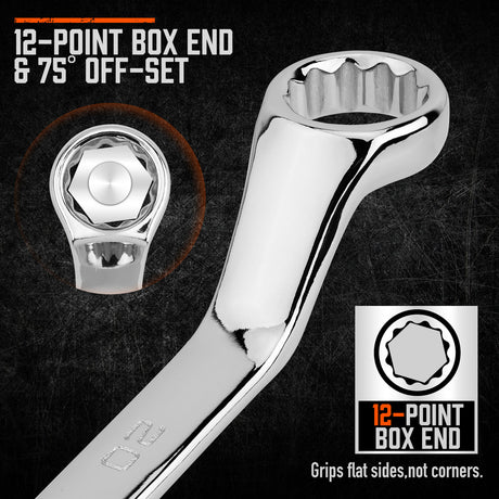 A complete set of 9 metric HORUSDY spanners with 75-degree offset and double box ends, displayed with a mirror finish for durability and precision.