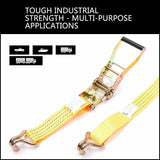 Durable 50mm wide and 10-meter long ratchet tie down strap, capable of handling a load of up to 2000KG. Perfect for securing cargo on trucks, trailers, and boats. Features weather-resistant woven polyester construction with a user-friendly ratchet mechanism for enhanced tension and effortless securing
