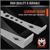 Durable stainless steel pry bars with hooked and flat ends for lifting, scraping, and prying.