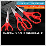 Image of a versatile 3-piece stainless steel scissors set, featuring sizes 215mm, 210mm, and 180mm, ideal for kitchen, home, and office use.