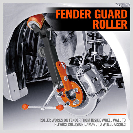 Professional Vehicle Fender Roller, a vital tool for auto repair, featuring an iron body for optimal hardness. Fully adjustable arm for gradual pull or push, versatile for a range of vehicle fender repairs. Includes 5 conical lug nut rings and a manual, with a minimum length of 300mm and a maximum of 578mm, weighing 6.8kg