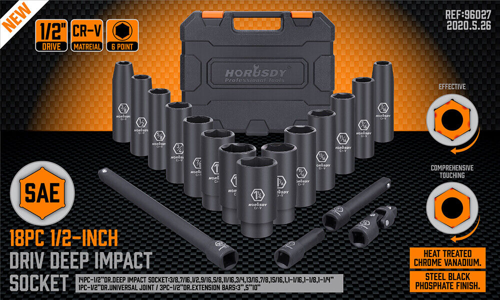 Comprehensive 18-piece deep impact socket set made from chrome vanadium steel with a corrosion-resistant black phosphate finish, including various sizes and extensions in a durable storage case