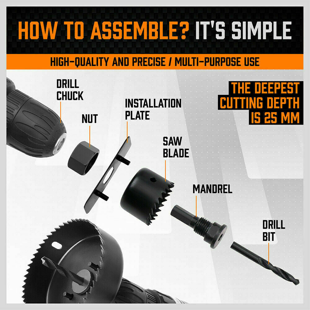 Durable 19-piece hole saw set with carbon steel construction, designed for cutting soft wood, PVC, and gypsum boards, ranging from 19mm to 152mm in size.