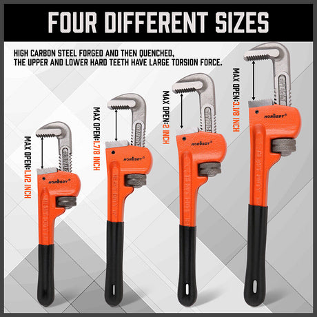 Set of four heavy-duty pipe wrenches in sizes 8, 10, 12, and 14 inches, featuring high-strength malleable cast iron handles and heavy forged steel heads for durability. The wrenches have sharp, precise teeth for a firm grip on pipes and comfortable plastic-wrapped handles for easy use.