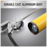 Durable 18-inch grease gun with a pistol grip, flexible hose, and an 8000 PSI pressure capacity, including a 14 oz grease cartridge and nozzles