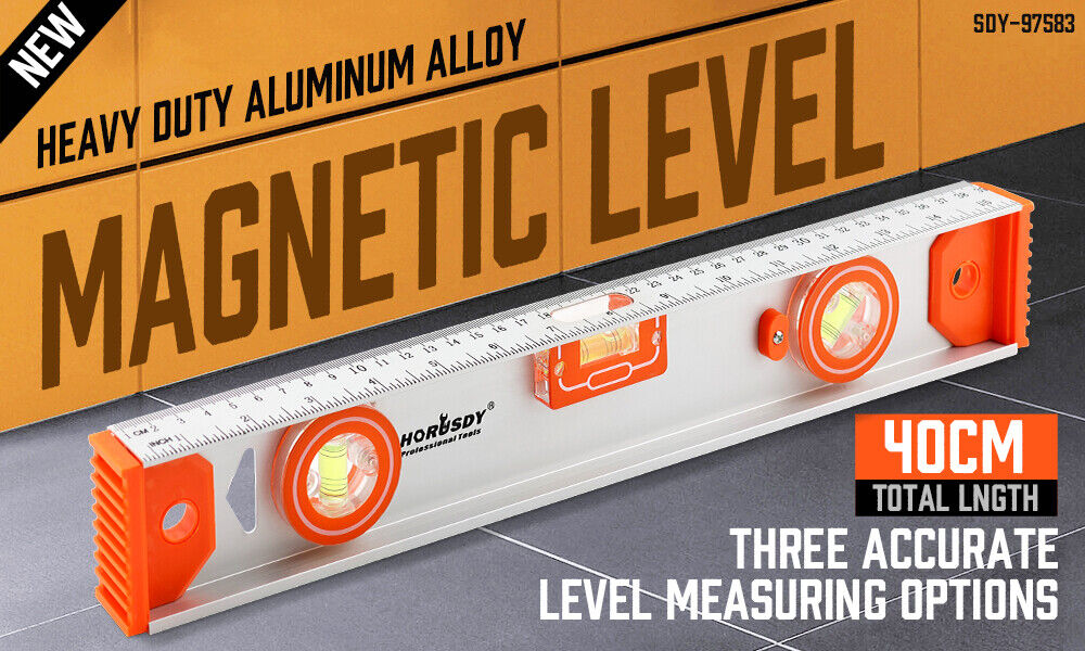 HORUSDY 40CM Red Torpedo Spirit Level with 3 Bubbles for Plumb, Level, and 45-Degree Angles, Magnetic and Shockproof