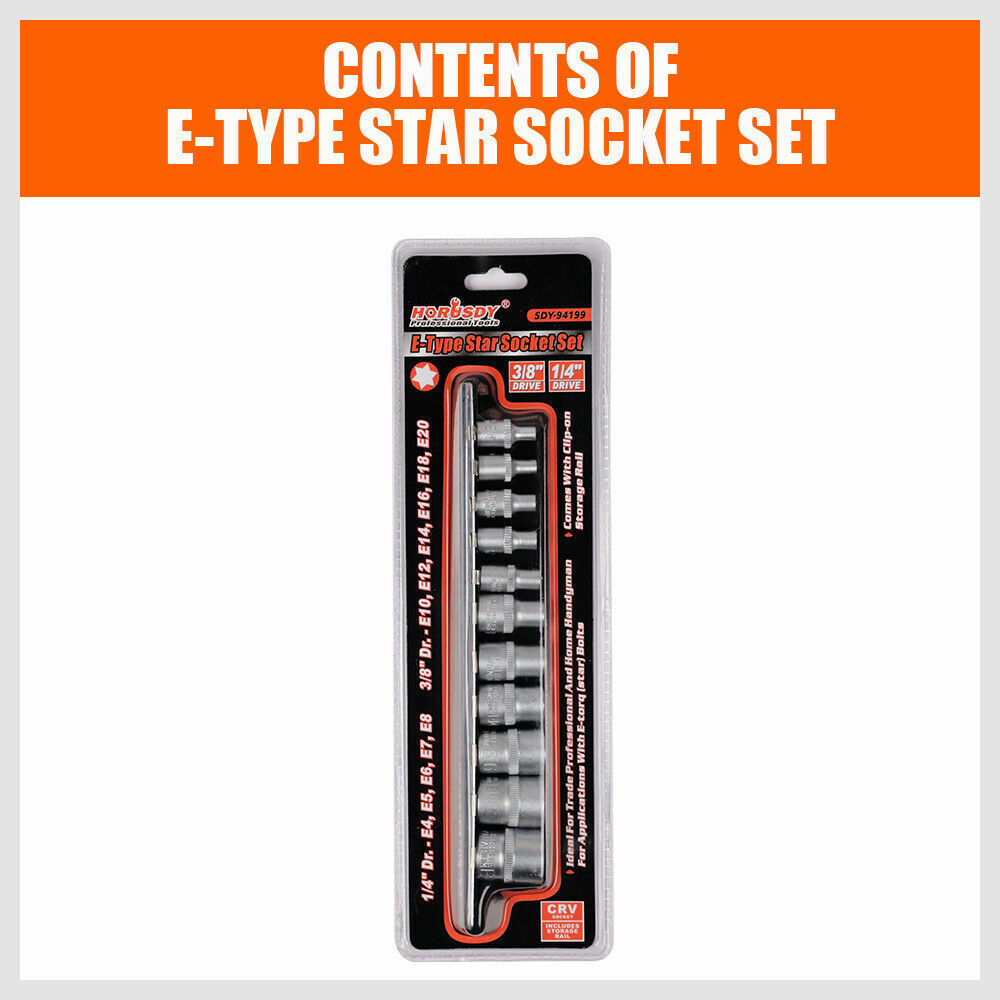 Complete 11-Piece E Type Torx Socket Set with E4-E20 Sizes, 3/8" and 1/4" Drive, and Storage Rail Included