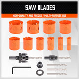 16-piece bi-metal hole saw set for precise cutting on metal, wood, gypsum, PVC, and plastic, with various sizes and durable construction