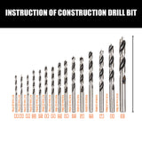 Comprehensive 45-Piece HSS Drill Bit Set, including 15 Metal, 15 Wood, and 15 Concrete Drill Bits in Various Sizes, with a Sturdy Carrying Case