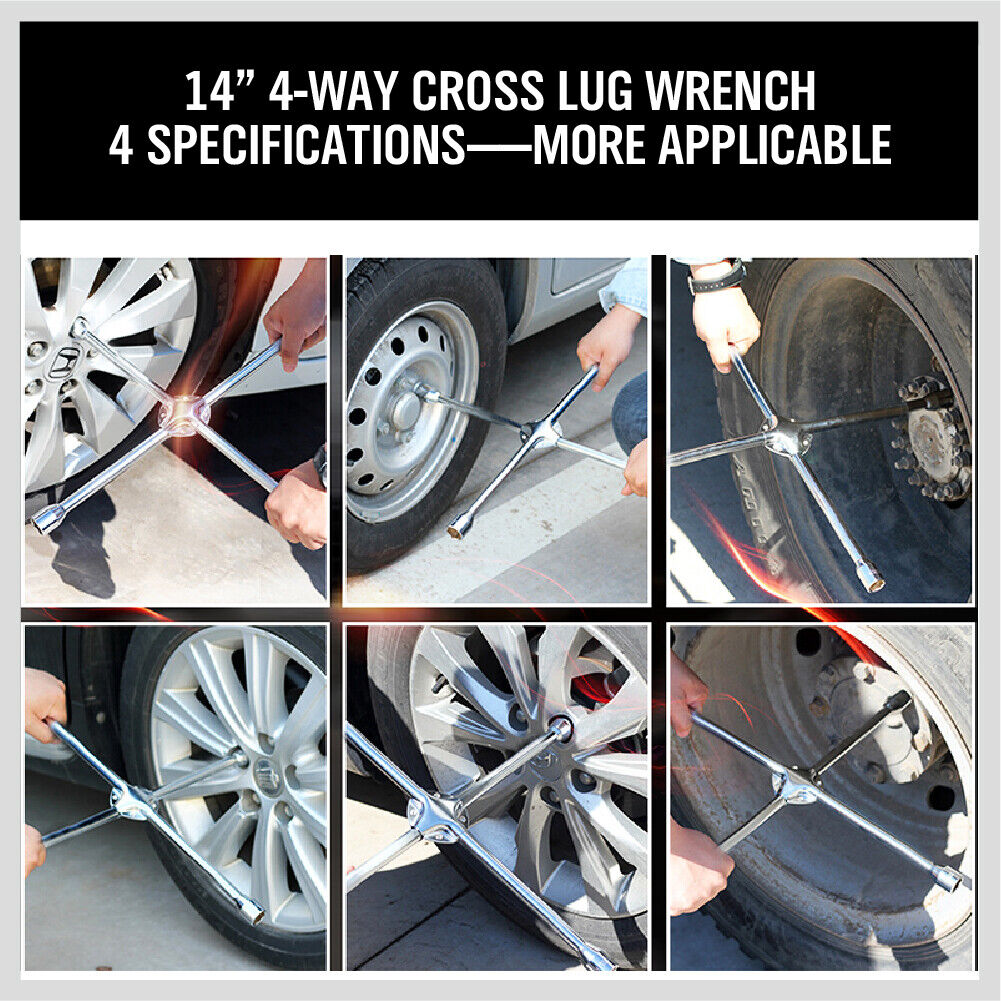 14-Inch Durable Steel Wheel Brace Spanner, 4-Way Cross Wrench with Multi-Size Sockets for Car Tyres