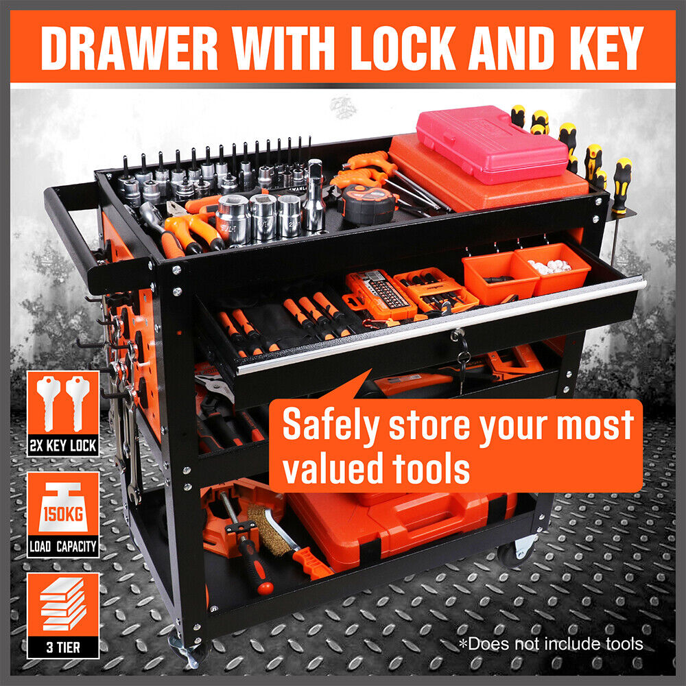 Single Drawer Tool Storage Trolley - Secure storage, easy mobility, versatile organization, convenient tool hanger system.Single Drawer Tool Storage Trolley with Pegboard Hooks and Wheels