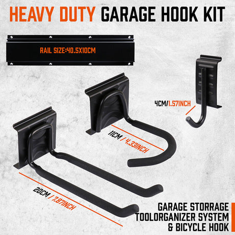 Versatile 15-Piece Wall Mount Hook Set for Organized Tool Storage on 64-Inch Heavy Duty Rail