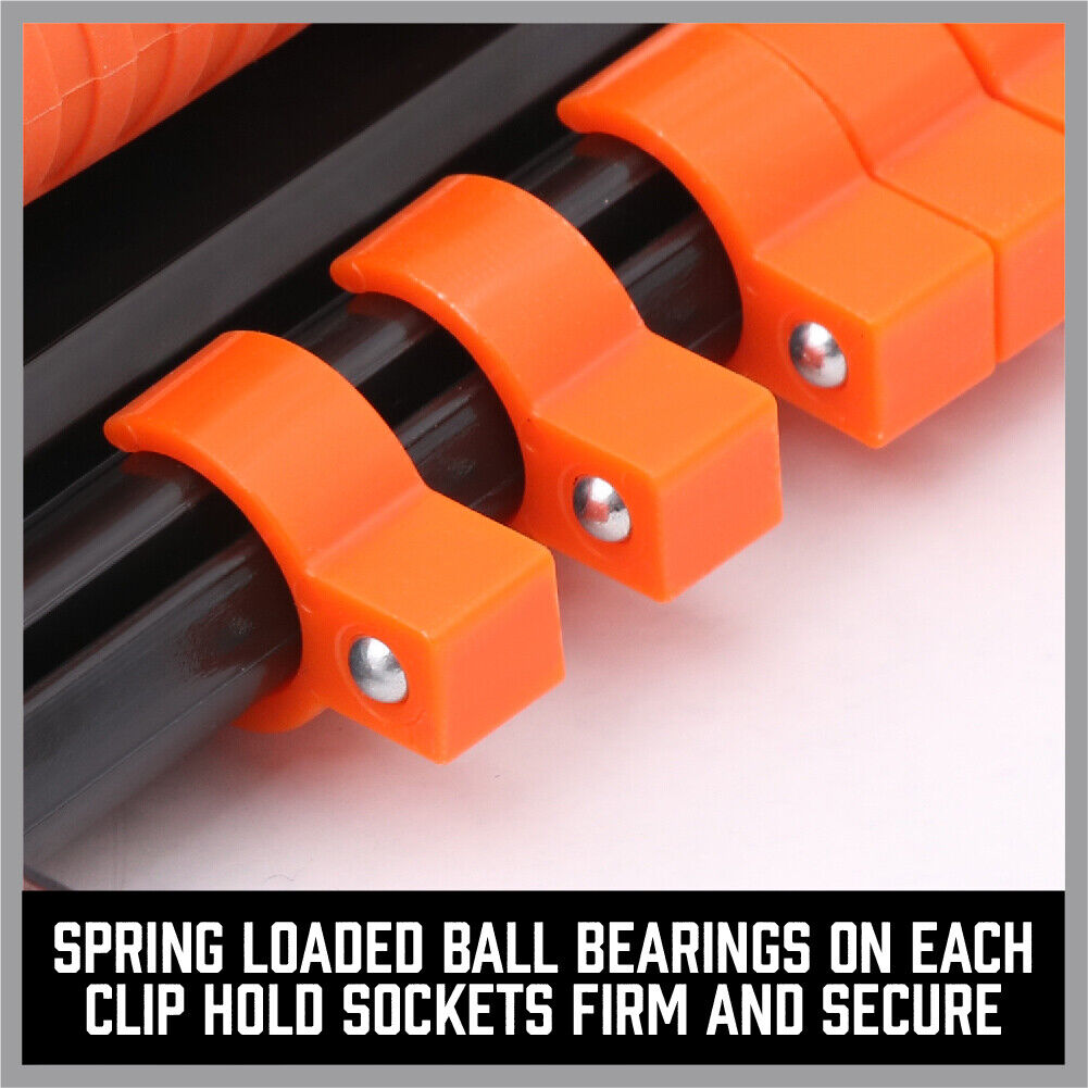 Efficient 3-piece socket organizer rail set for 1/4", 3/8", 1/2" drives with multiple socket clips.