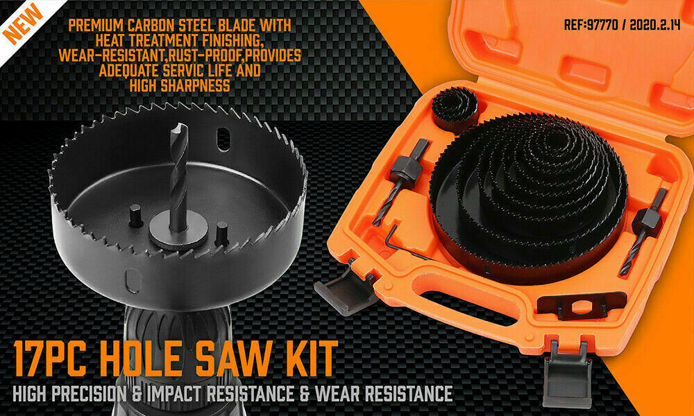 Durable 19-piece hole saw set with carbon steel construction, designed for cutting soft wood, PVC, and gypsum boards, ranging from 19mm to 152mm in size.