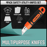 Set of four retractable box cutters with grip handles and 10 additional spare blades, ideal for cutting cardboard, paper, PVC, and crafts