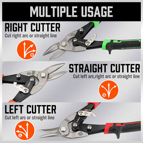 HORUSDY 250mm Aviation Tin Snips Set with Left, Right, and Straight Cutters, featuring High-Leverage, Serrated-Edge Blades for Metal and Steel Sheet Cutting