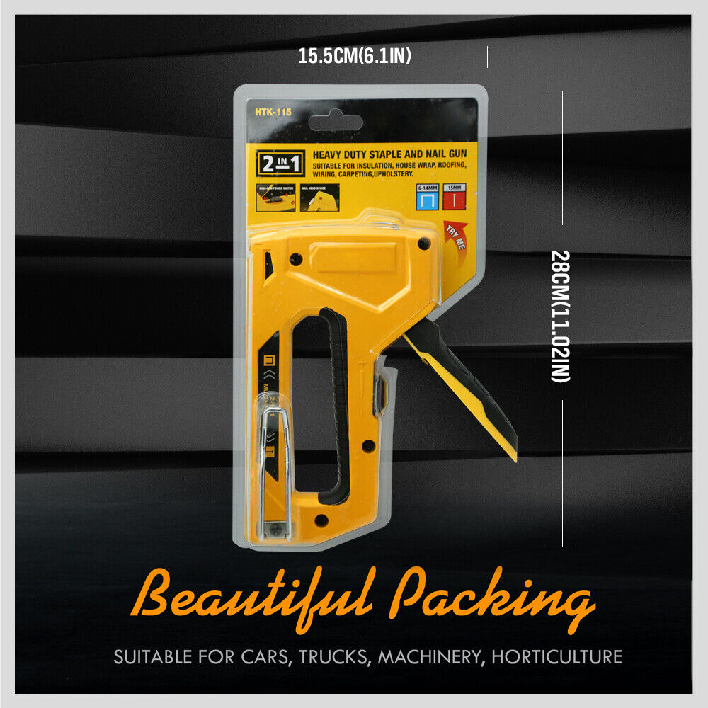 Durable carbon steel manual staple and brad nail gun with a yellow coating and easy-to-reload mechanism.