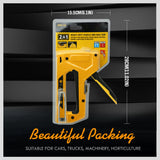 Durable carbon steel manual staple and brad nail gun with a yellow coating and easy-to-reload mechanism.