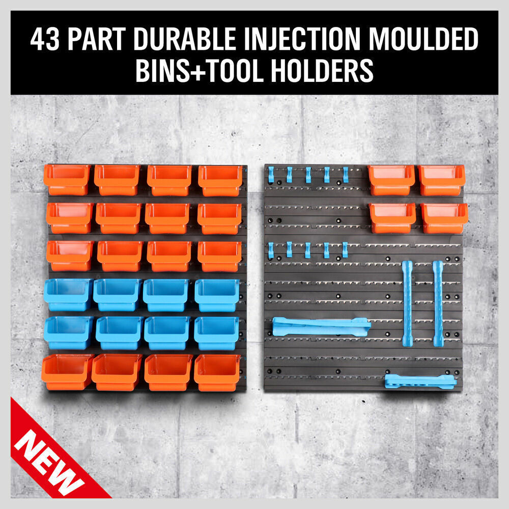 43 Piece Wall Mounted Parts and Tools Storage Rack featuring Bins in Various Sizes, Tool Holders, and Peg Boards