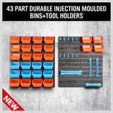 43 Piece Wall Mounted Parts and Tools Storage Rack featuring Bins in Various Sizes, Tool Holders, and Peg Boards
