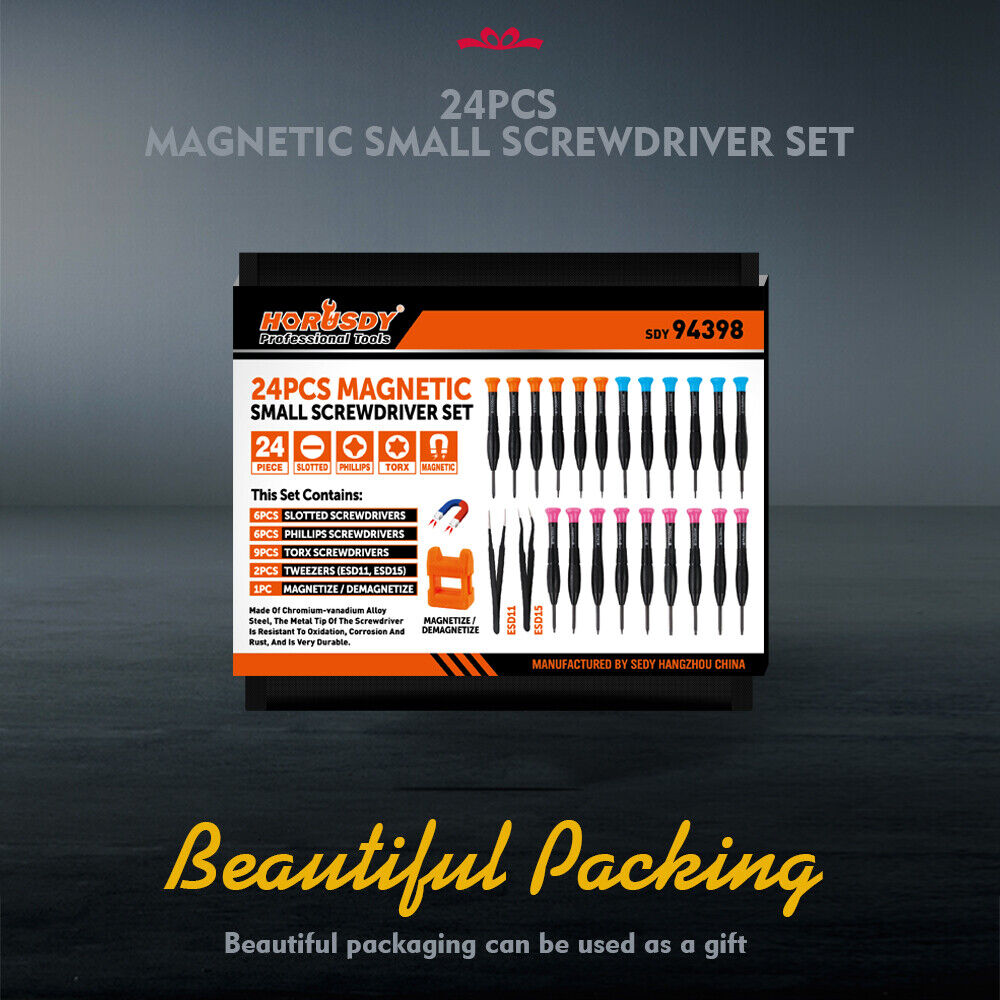 A comprehensive precision screwdriver set made of hardened steel with magnetic tips, non-slip handles and slotted, Phillips and Torx tools for intricate electronics repair.