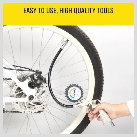 Air Tyre Inflator with Pressure Meter - Car and Truck Tire Pump with Hose Gauge, Max 220PSI, Zinc Alloy